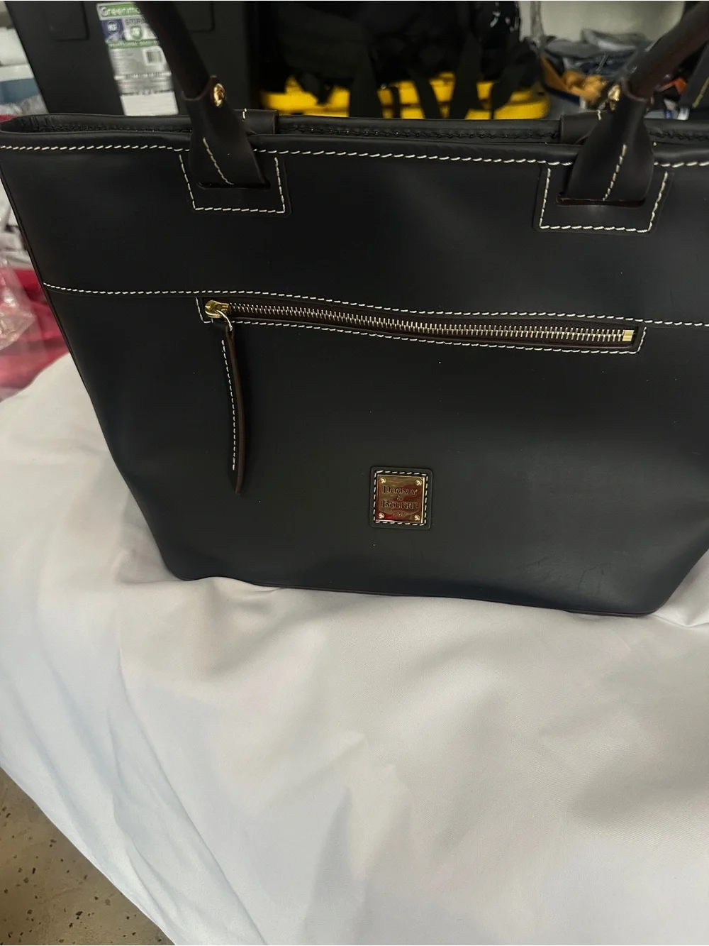 Dooney & Bourke Black Leather Tote Gold Hardware Contrast Stitching